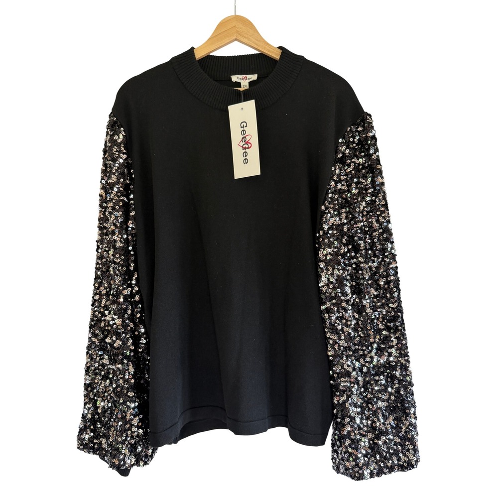 GeeGee Womens 2XL Black Sequin Sleeve Knit Sweater Crew Neck SW1621PL NWT